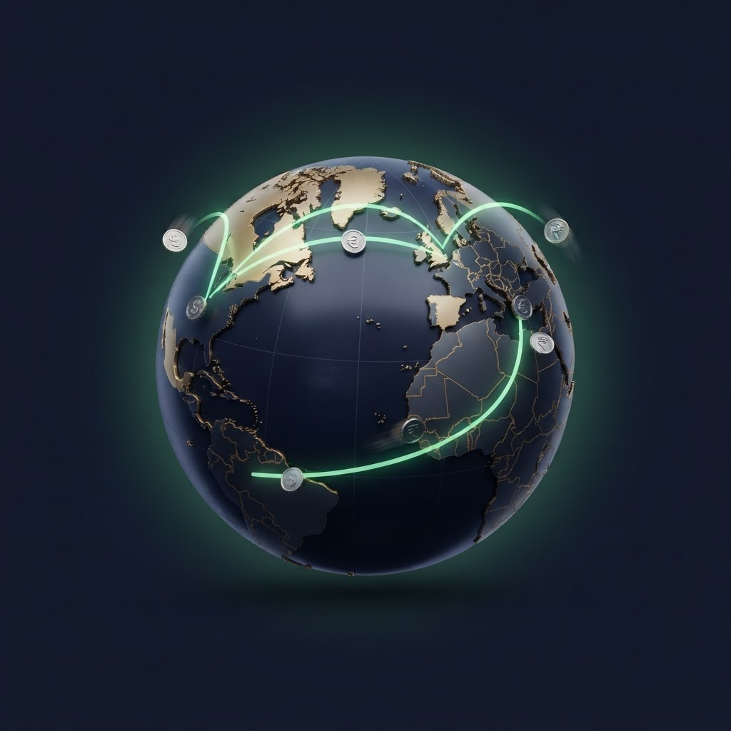 A globe with glowing green arcs connecting the UK, USA, Europe and Pakistan, with currency coins moving along them