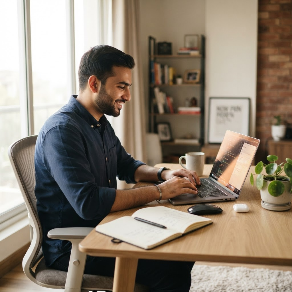 A freelancer working at a laptop with account balances shown in dollars, pounds and euros.