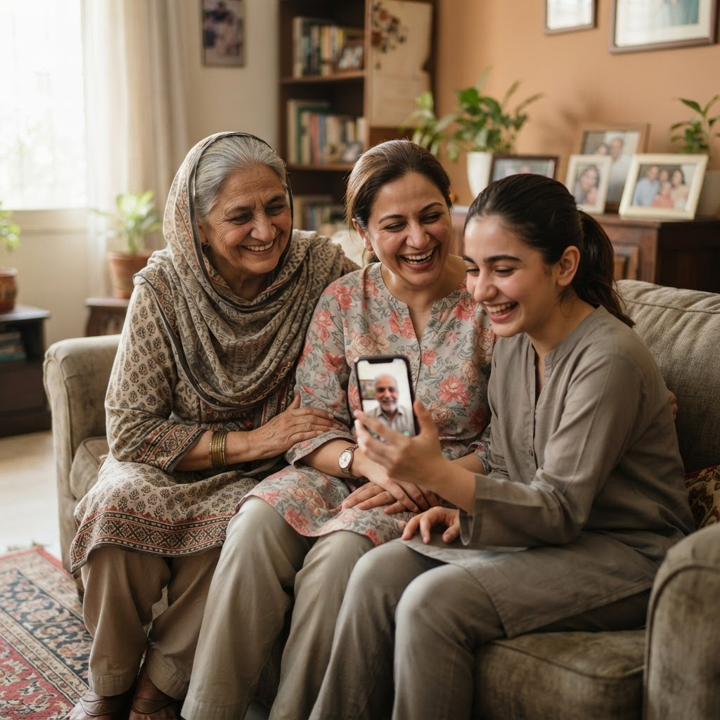 A family together at home looking at a phone, staying connected with a relative abroad.